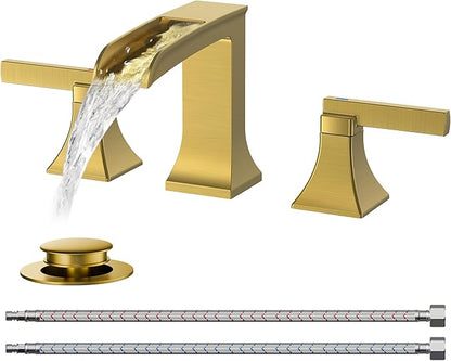 FORIOUS Waterfall Brushed Gold Bathroom Faucet 3 Hole Vanity, Two Handle Brass Gold Faucet for Bathroom Sink Widespread 8 Inch with Metal Pop-up Drain and CUPC Pre-Assembled Hose