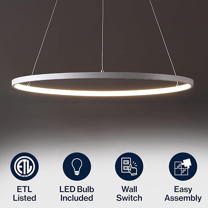 JONATHAN Y 23.75" Matte White Modern Integrated LED Pendant Light, Dimmable Round Hoop Chandelier for Kitchen Island, Dining Room, Adjustable Height Metal Hanging Light (JYL7203I)