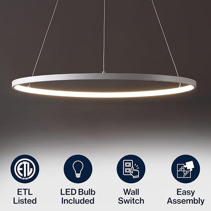 JONATHAN Y 23.75" Matte White Modern Integrated LED Pendant Light, Dimmable Round Hoop Chandelier for Kitchen Island, Dining Room, Adjustable Height Metal Hanging Light (JYL7203I)