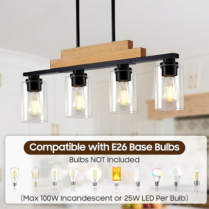 4-Light Linear Chandeliers for Dining Room Hanging, Farmhouse Dining Room Light Fixture Over Table, Black Pendant Kitchen Island Lighting, Wood Ceiling Light Fixture with Clear Glass Shade