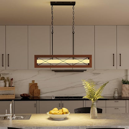 31.5" Farmhouse Kitchen Island Lighting, Rustic Wood Linear Chandeliers for Dining Room Light Fixture, 30W LED Dimmable Rectangular Pendant Lights for Kitchen Island Over Table with Remote