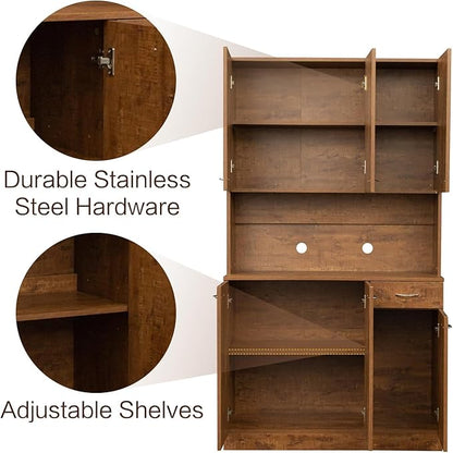 DMAITH 71" Kitchen Pantry Cabinets with Microwave Stand, 6 Doors & 3 Adjustable Shelves, Freestanding China Cabinet Hutch, Buffet Cabinet with Storage, Walnut