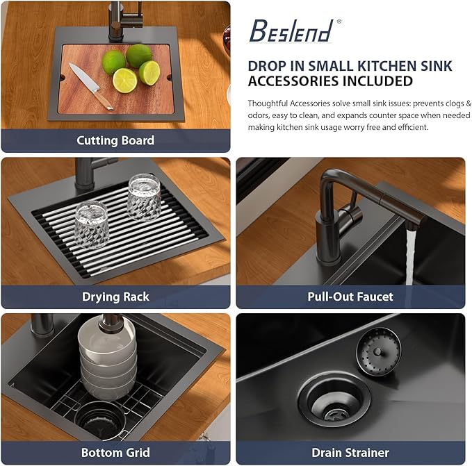15 Inch Outdoor Kitchen Sink with Faucet- Beslend Gunmetal Black 15x15 Drop In Outdoor Bar Sink, 16 Gauge Stainless Steel Kitchen Sinks Workstation Single Bowl Above Counter Indoor Outdoor