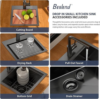 15 Inch Outdoor Kitchen Sink with Faucet- Beslend Gunmetal Black 15x15 Drop In Outdoor Bar Sink, 16 Gauge Stainless Steel Kitchen Sinks Workstation Single Bowl Above Counter Indoor Outdoor