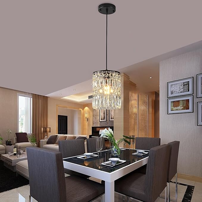 1-Light Crystal Pendant Lighting Modern Black Chandelier for Bedroom Adjustable Kitchen Island Lighting Unique Ceiling Lights Fixtures for Living Room Entrance Hallway