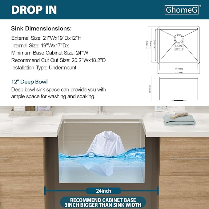 21 Laundry Sink Undermount - 21x19x12 Inch Laundry Utility Sink 12 Inch Extra Deep Single Bowl 16 Gauge Stainless Steel Kitchen Sinks Utility Room Sinks Workstation Basin