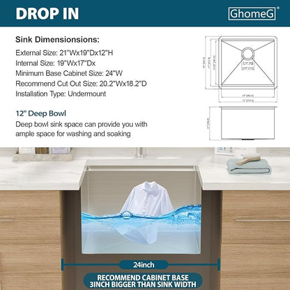 21 Laundry Sink Undermount - 21x19x12 Inch Laundry Utility Sink 12 Inch Extra Deep Single Bowl 16 Gauge Stainless Steel Kitchen Sinks Utility Room Sinks Workstation Basin