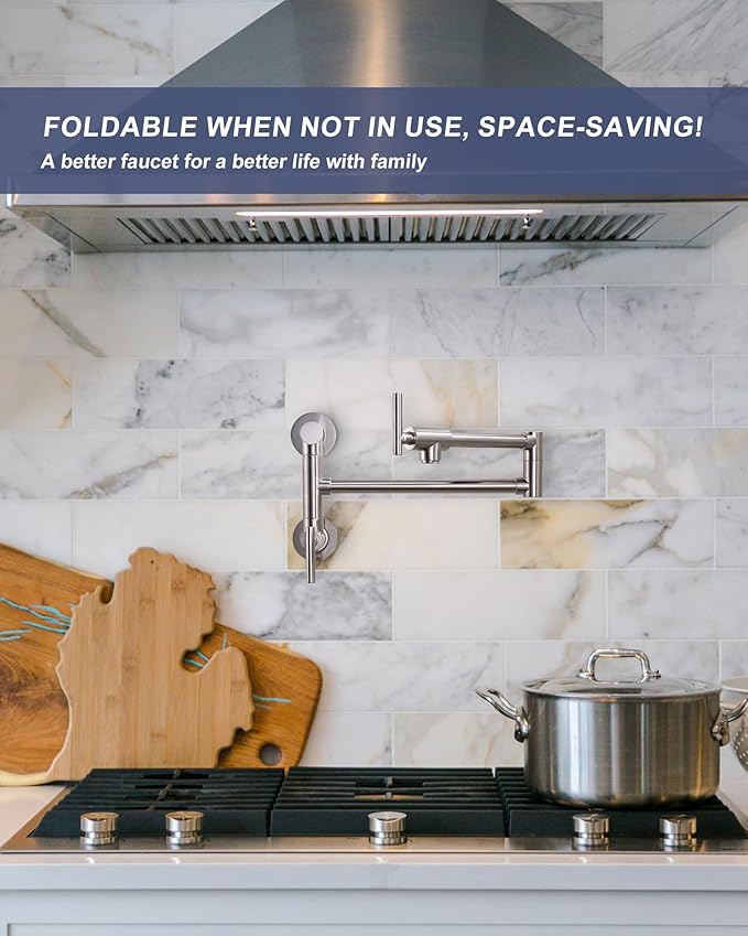 Pot Filler Faucet Brushed Nickel: WOWOW Single Hole Wall Mount Stove Faucet, Brass Pot Filler Two Attachment with Double Joint Swing Arms