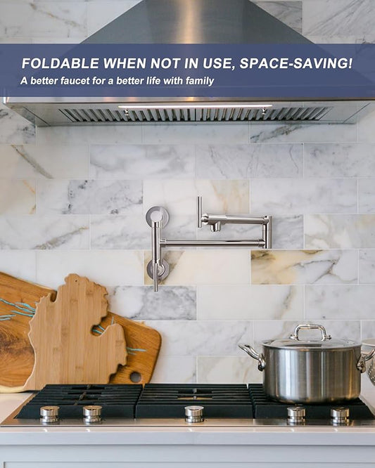 Pot Filler Faucet Brushed Nickel: WOWOW Single Hole Wall Mount Stove Faucet, Brass Pot Filler Two Attachment with Double Joint Swing Arms