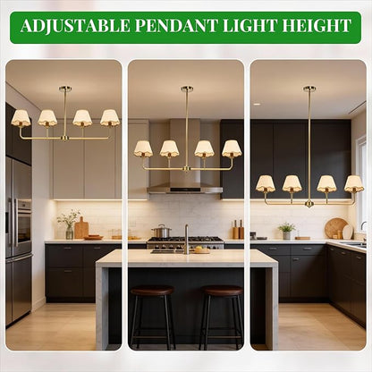 Boho Industrial 4-Light Linear Kitchen Island Light, 39" Gold Rattan Chandelier with Woven Rattan Shades, 180° Rotatable & Height Adjustable Dining Room Lighting for Living Room Bar, E12 Base