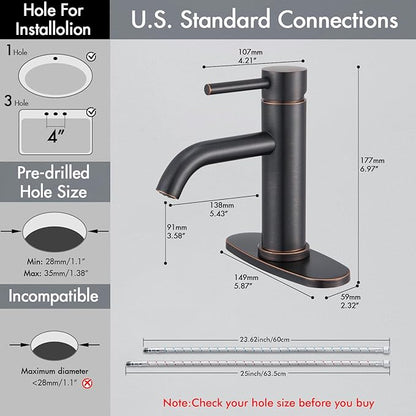 Oil Rubbed Bronze Bathroom Faucet, WINKEAR Single Hole Faucet with Pop-up Drain and Flexible Hoses, Single Handle Faucet for Bathroom Sink, Vanity, RV, Modern Farmhouse, Suitable for 1 Hole or 3 Hole