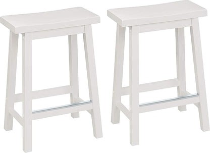 Basics Solid Wood Saddle-Seat Counter Height Bar Stools for Kitchen Island with Footrest, Sturdy Construction, 24-Inch Height, White, Set of 2