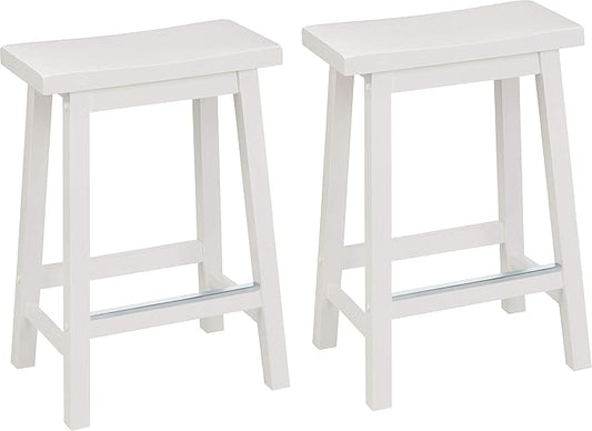 Basics Solid Wood Saddle-Seat Counter Height Bar Stools for Kitchen Island with Footrest, Sturdy Construction, 24-Inch Height, White, Set of 2