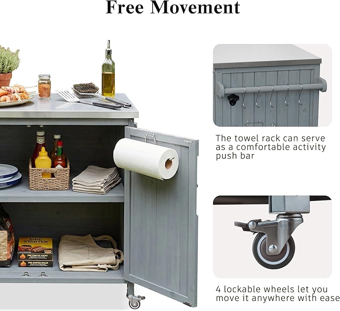 JIJIWANG 42.1" Outdoor Kitchen Island with Stainless Steel Top and Side Shelf, Outdoor Grill Cart with Storage Cabinet and Adjustable Shelves, Kitchen Cart on Wheels for Small Spaces Grey Blue