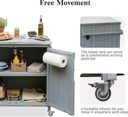 JIJIWANG 42.1" Outdoor Kitchen Island with Stainless Steel Top and Side Shelf, Outdoor Grill Cart with Storage Cabinet and Adjustable Shelves, Kitchen Cart on Wheels for Small Spaces Grey Blue