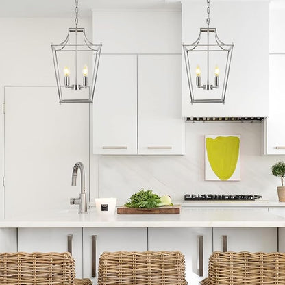 Lantern Pendant Lights, 12" Brushed Nickel Pendant Light Fixtures, 4-Light Adjustable Pendant Lighting for Kitchen Island Dining Room Living Room Foyer Stairway