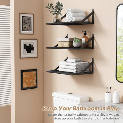 Forbena 12 Inch Deep Floating Shelves for Wall, Wide Black Wall Mounted Shelves for Bedroom Office Books Plants, Large Hanging Shelf for Living Room Bathroom Kitchen Closet Pantry Storage (3-Pack)