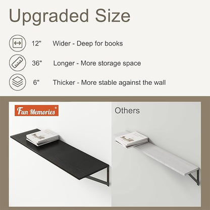 36"W x 12"D Floating Shelves, Black Deep Floating Shelves for Wall with Brackets, 12 Inch Deep Wall Shelves for Books, Wide Display Storage Shelves for Bathroom, Living Room, 36 Inch Long, Set of 2
