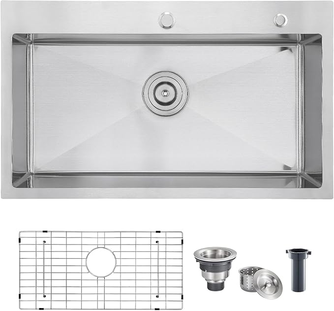 POPFLY 28×20 Inch Drop in Kitchen Sink, 18 Gauge Stainless Steel Single Bowl Large Sink, Top mount 9 Inches Deep Kitchen Sinks with 2 Holes, Brushed