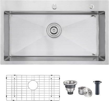 POPFLY 28×20 Inch Drop in Kitchen Sink, 18 Gauge Stainless Steel Single Bowl Large Sink, Top mount 9 Inches Deep Kitchen Sinks with 2 Holes, Brushed