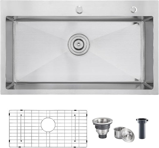 POPFLY 28×20 Inch Drop in Kitchen Sink, 18 Gauge Stainless Steel Single Bowl Large Sink, Top mount 9 Inches Deep Kitchen Sinks with 2 Holes, Brushed