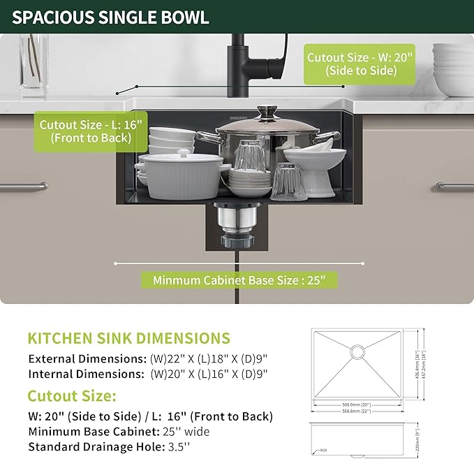 Black Kitchen Sink Undermount 22 x 18 inch, SINKVINE PVD Nano Stainless Steel Bar Sink for Outdoor RV Laundry, Single Bowl with 3.5" Drain Strainer, Bottom Rise Grid, Roll-up Drying Unit, Dark-Grey