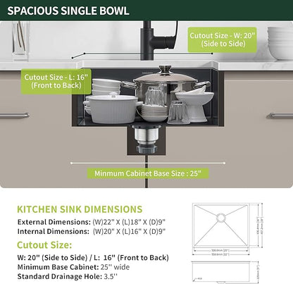 Black Kitchen Sink Undermount 22 x 18 inch, SINKVINE PVD Nano Stainless Steel Bar Sink for Outdoor RV Laundry, Single Bowl with 3.5" Drain Strainer, Bottom Rise Grid, Roll-up Drying Unit, Dark-Grey