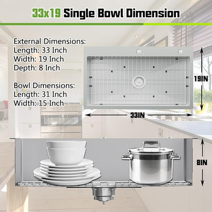 Kitchen Sink, 33x19 Inch Stainless Steel Drop In Modern Large Single Bowl Topmount Kitchen Sink Gift Combo-SS Grid,Silicon Mat, Drain Strainer Set Compatibility With Various Kitchen&Bar Style