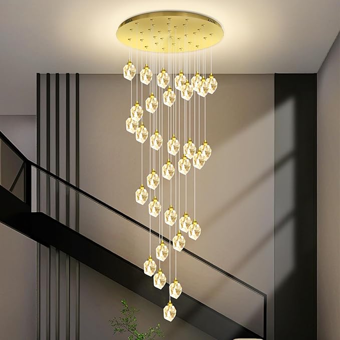 Gold Spiral Staircase Crystal Chandeliers 32-Lights 150 inch Long High Ceiling Chandelier Entrance Foyer Flush Mount Slopped Inclined Ceiling LED Dimmable 3000-6000K