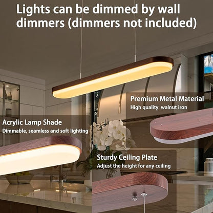EDISLIVE Modern Linear LED Island Light Dimmable LED Chandelier 38.6 in Adjustable Linear Hanging Light Fixture 3000K-6500K 37W Pendant Light with Iron Acrylic for Dinning Room Kitchen，Walnut Brown
