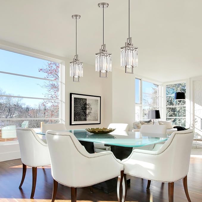 Modern Brushed Nickel Pendant Light Fixture for Kitchen Island and Dining Room, Industrial Small Hanging Crystal Chandelier Light Fixture for Bedroom Entryway Living room Foyer Hallway 3-Pack