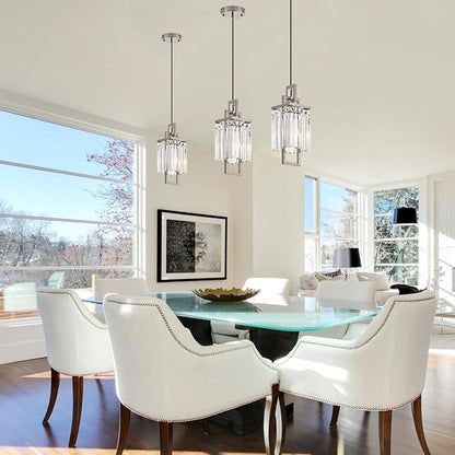 Modern Brushed Nickel Pendant Light Fixture for Kitchen Island and Dining Room, Industrial Small Hanging Crystal Chandelier Light Fixture for Bedroom Entryway Living room Foyer Hallway 3-Pack