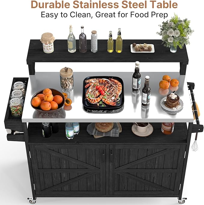 Zevemomo Outdoor Grill Cart with Raised Shelf, Stainless Steel Tabletop Outdoor Kitchen Island, Outdoor Buffet Cabinet with Lockable Wheels, Internal Storage Rack, Spice Rack for Grilling, Black