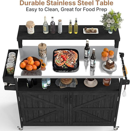 Zevemomo Outdoor Grill Cart with Raised Shelf, Stainless Steel Tabletop Outdoor Kitchen Island, Outdoor Buffet Cabinet with Lockable Wheels, Internal Storage Rack, Spice Rack for Grilling, Black
