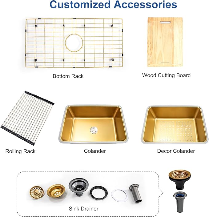 Gold Kitchen Sink, Single Bowl Drop in 32” x 18” Stainless Steel Gold Handmade Deep Kitchen Sink with Cutting Board and Drain Strainer