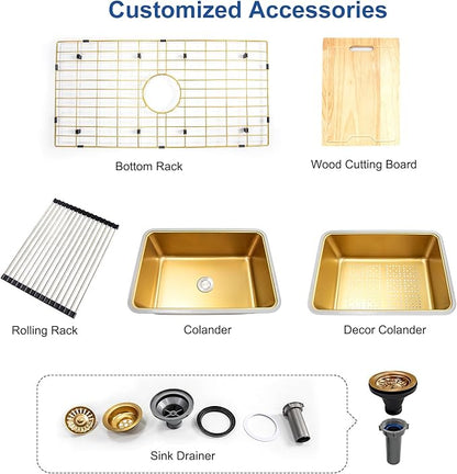 Gold Kitchen Sink, Single Bowl Drop in 32” x 18” Stainless Steel Gold Handmade Deep Kitchen Sink with Cutting Board and Drain Strainer