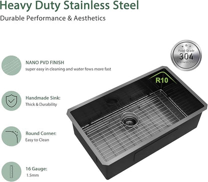 Black Undermount Kitchen Sink 33 Inch - Couoko Gunmetal Black 16 Gauge T304 Stainless Steel Single Bowl Undermount Sinks NANO PVD Large Deep Handmade Round Corner Sinks Basin 33"x19"x9"