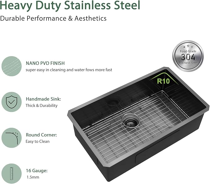 Black Undermount Kitchen Sink 30 Inch - Couoko Gunmetal Black Single Bowl Undermount Sinks 16 Gauge T304 Stainless Steel Large Deep NANO PVD Handmade Round Corner Kitchen Sinks 30"x18"x9"