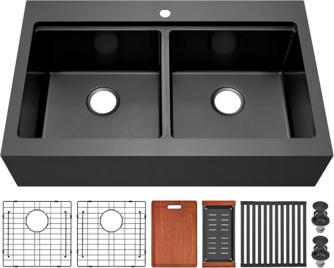 LQS Double Bowl Kitchen Sink, Undermount/Drop In Kitchen Sink, Double Bowl Stainless Steel Kitchen Sinks, 16 Gauge Stainless Steel Handmade Sinks (Black, 30" x 22" x 10")