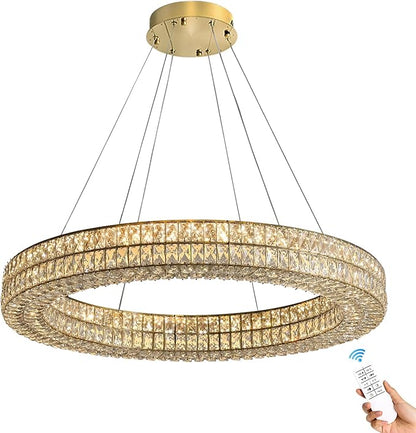 Led 32in Gold Ring Chandelier, Modern Crystal Chandelier Lighting Hanging Ring Adjustable,Round Crystal Ceiling Light Fixture for Living Room Dining Room Bedroom