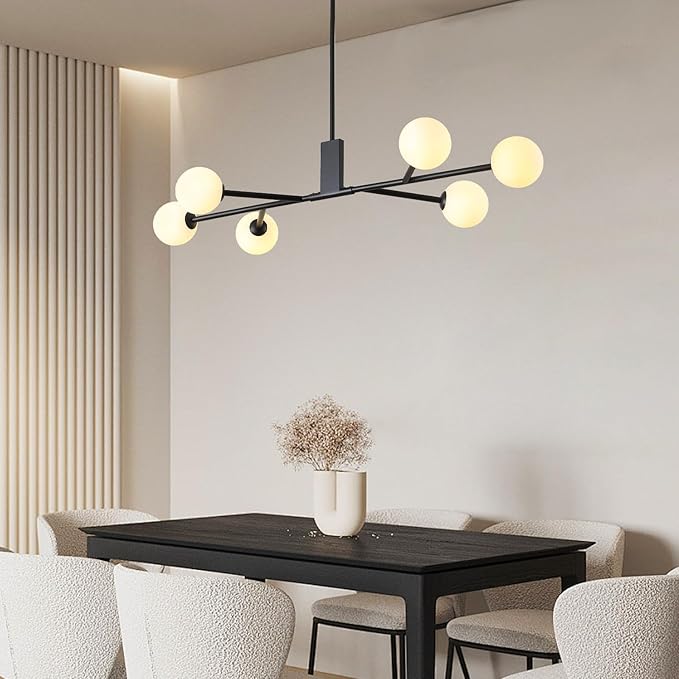 Modern Black Sputnik Island Light, 6-Light Glass Linear Chandelier for Dining Room, 46'' Ceiling Pendant Light Fixture with Globe Lampshade, Large Hanging Lamp Over Table, Bar, G9 Base