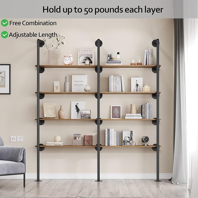Pynsseu Industrial Iron Pipe Shelf Wall Mount, Farmhouse DIY Open Bookshelf, Pipe Shelves for Kitchen Bathroom, bookcases Living Room Storage, 3Pack of 5 Tier.