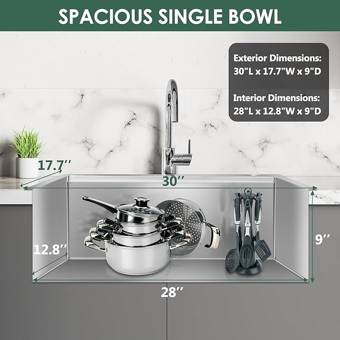 30 Inch Stainless Steel Kitchen Sink 16 Gauge Drop In Single Bowl Workstation Sink 2-Hole Top Mount Kitchen Basin with 5 Accessories (Brushed Nickel)