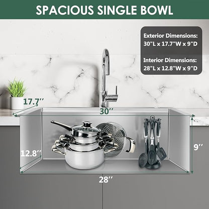 30 Inch Stainless Steel Kitchen Sink 16 Gauge Drop In Single Bowl Workstation Sink 2-Hole Top Mount Kitchen Basin with 5 Accessories (Brushed Nickel)