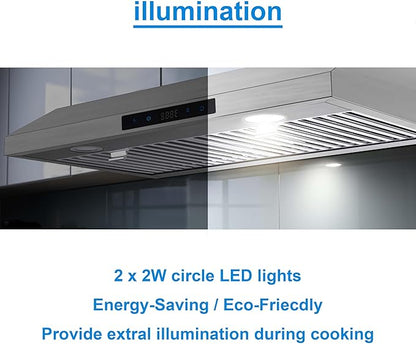 SNDOAS Range Hood 30 Inch Under Cabinet,Ductless Range Hoods with Touch Control,3-Venting Kitchen hood,Stainless Steel Vent Hood,Under Cabinet Range Hood 30 inch,Hood Vents for Kitchen 3 Speeds