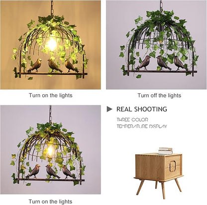 Plant Black Pendant Lighting For Kitchen Island Farmhouse, Black Resin Bird Cage Industrial Pendant Light, Retro Industrial Black Iron Bird Cage Green Plants Black Chandelier Farmhouse Restaurant