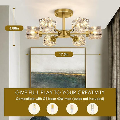 Modern Crystal Chandelier, 6-Light Gold Flush Mount Ceiling Light, 17.3" Sputnik Chandelier Light Fixture with K9 Crystal Shade, Industrial Pendant Light for Dining Room, Kitchen, Bedroom, Living Room