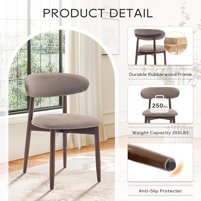 COLAMY Wooden Dining Chairs Set of 2, Modern Fabric Upholstered Dining Room Chair, Farmhouse Kitchen Chair with Foot Pegs, Camel