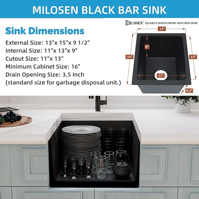 MILOSEN Black Bar Sink, 13×15 Inch Small Undermount/Drop in Black Wet Bar or Prep Sink, 9 Inch Deep Granite Composite Outdoor RV Single Bowl Basin with Accessories, Small Quartz Camper Sinks