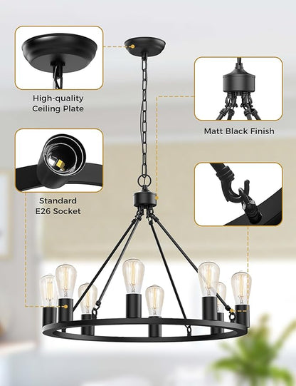 L LOHAS LED Black Farmhouse Chandeliers for Dining Room, 8-Light Wagon Wheel Chandelier Over Table, Height Adjustable, 24" Dining Room Light Fixtures, Modern Chandelier for Kitchen Island Living Room